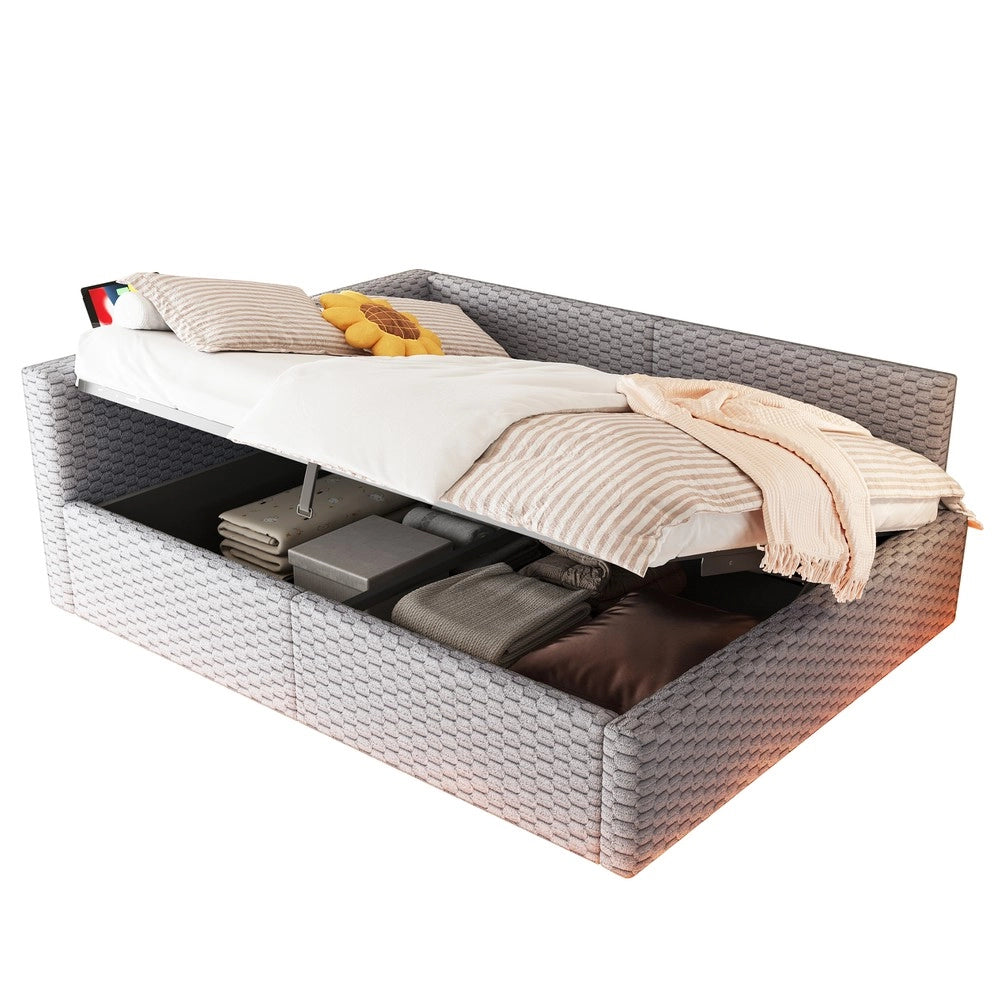 Letto Imbottito 140x200 con LED ¨C Xylo ¨C Velluto Grigio, Testiera a L, Idraulico