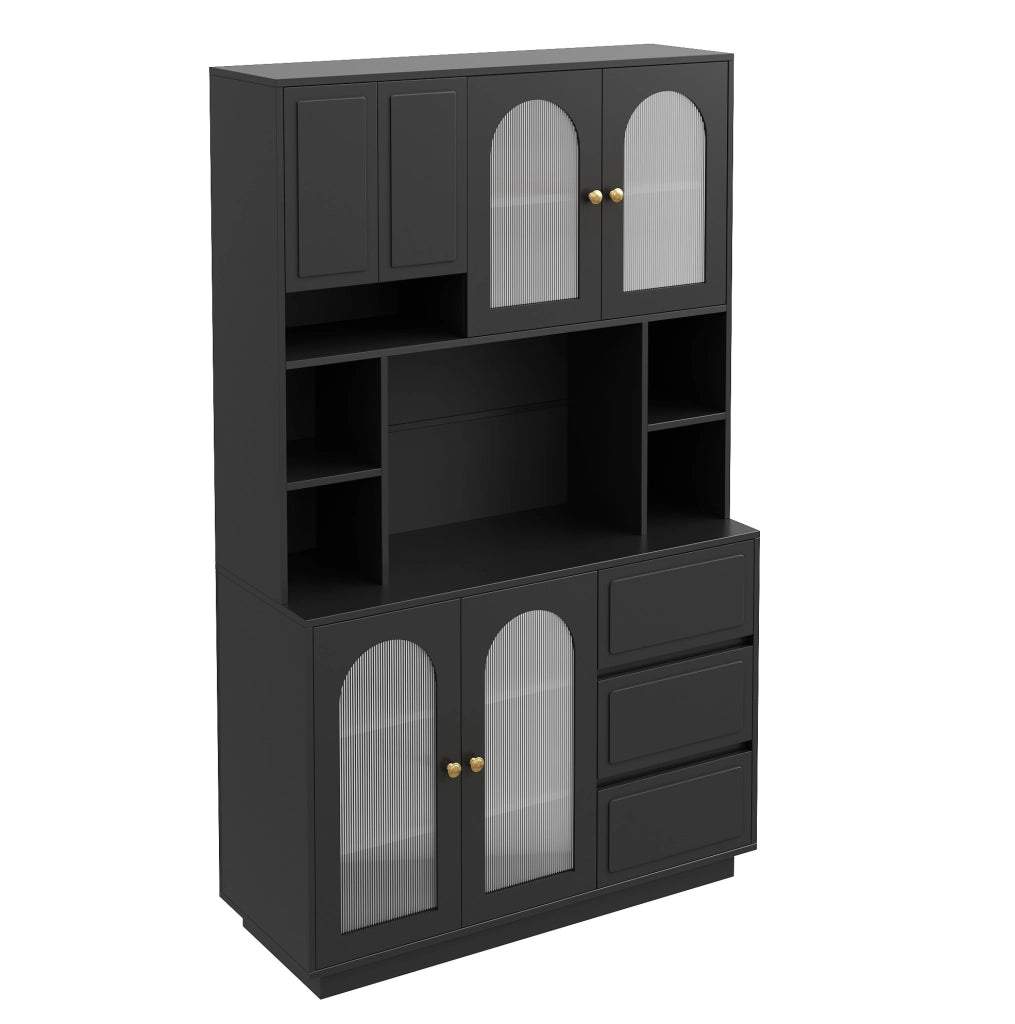 Credenza alta nera con LED app, ante acriliche e 3 cassetti