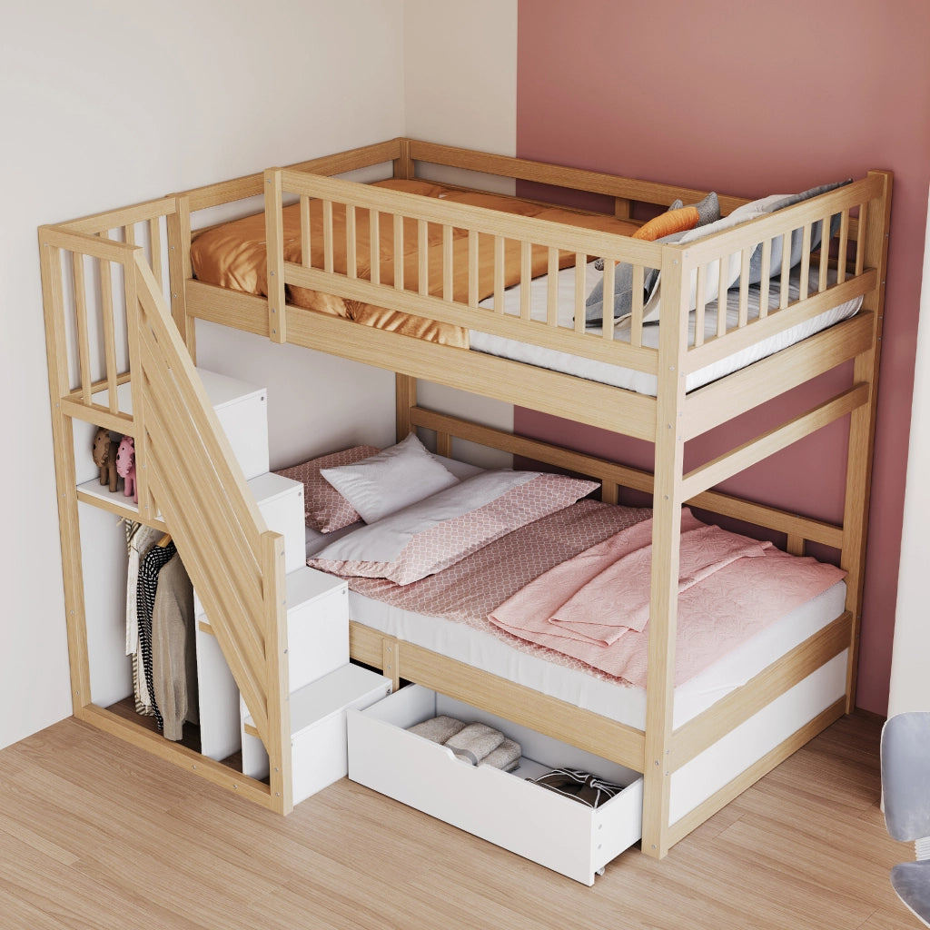 Letto a castello per bambini 90x200 cm con scala contenitore; cassetti; reti a doghe e sponde alte in legno