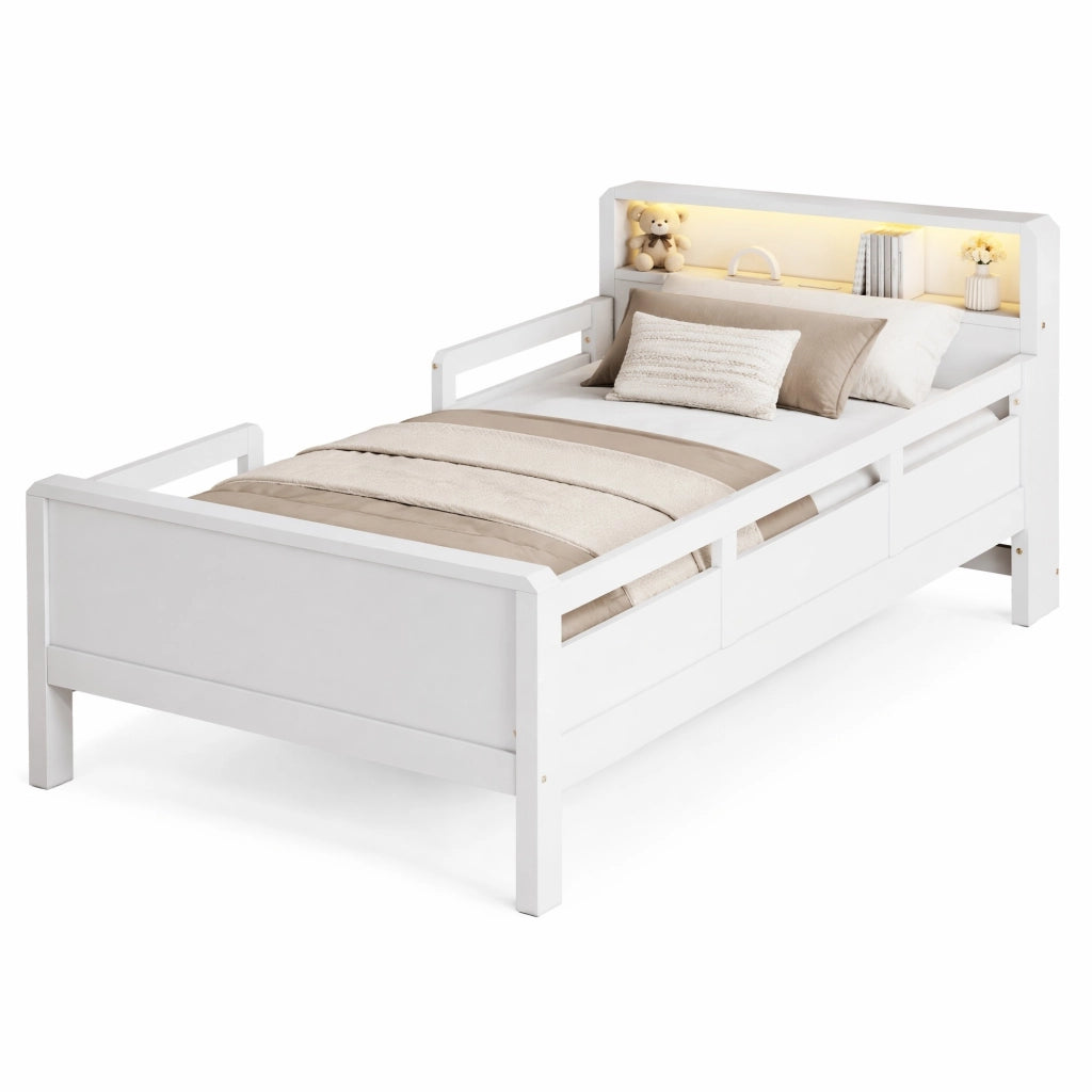 Letto singolo per bambini 90x200 in legno bianco con LED， presa USB e Type-C， senza materasso