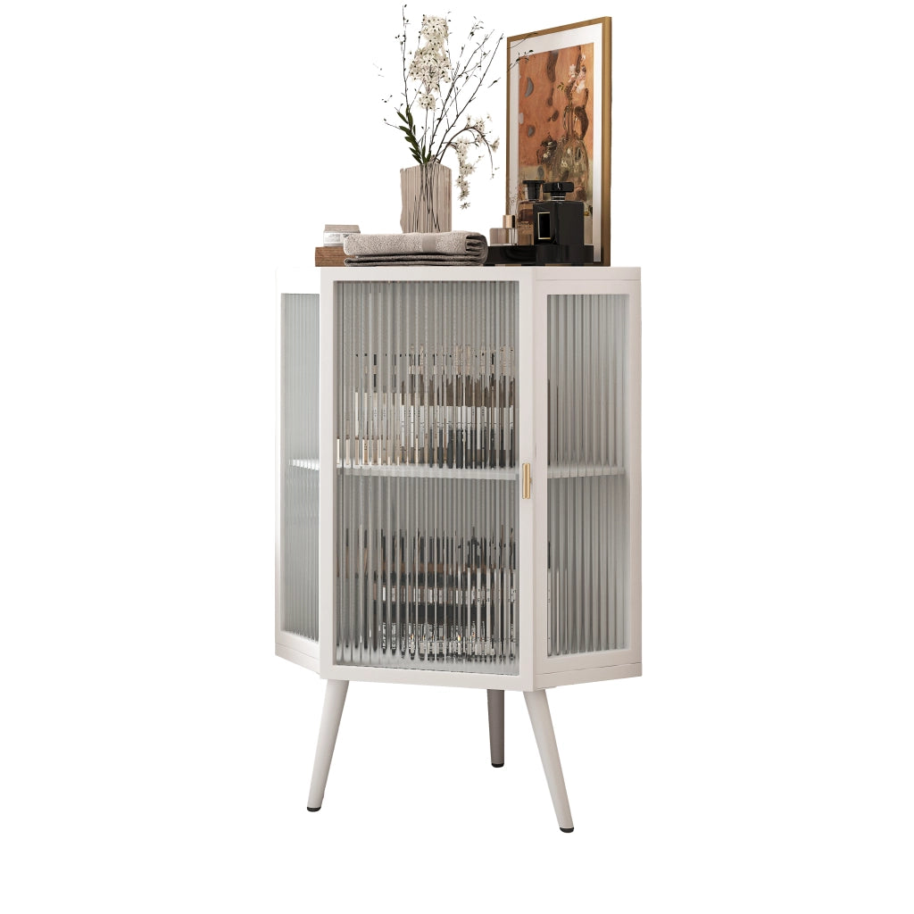 Armadio angolare da terra 80 cm, bianco, 2 livelli con ante in vetro temperato e ripiani, per bagno, soggiorno e camera