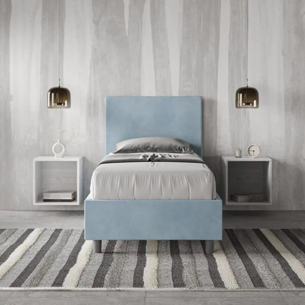 Letto singolo contenitore imbottito 80x210 microfibra azzurro Adele
