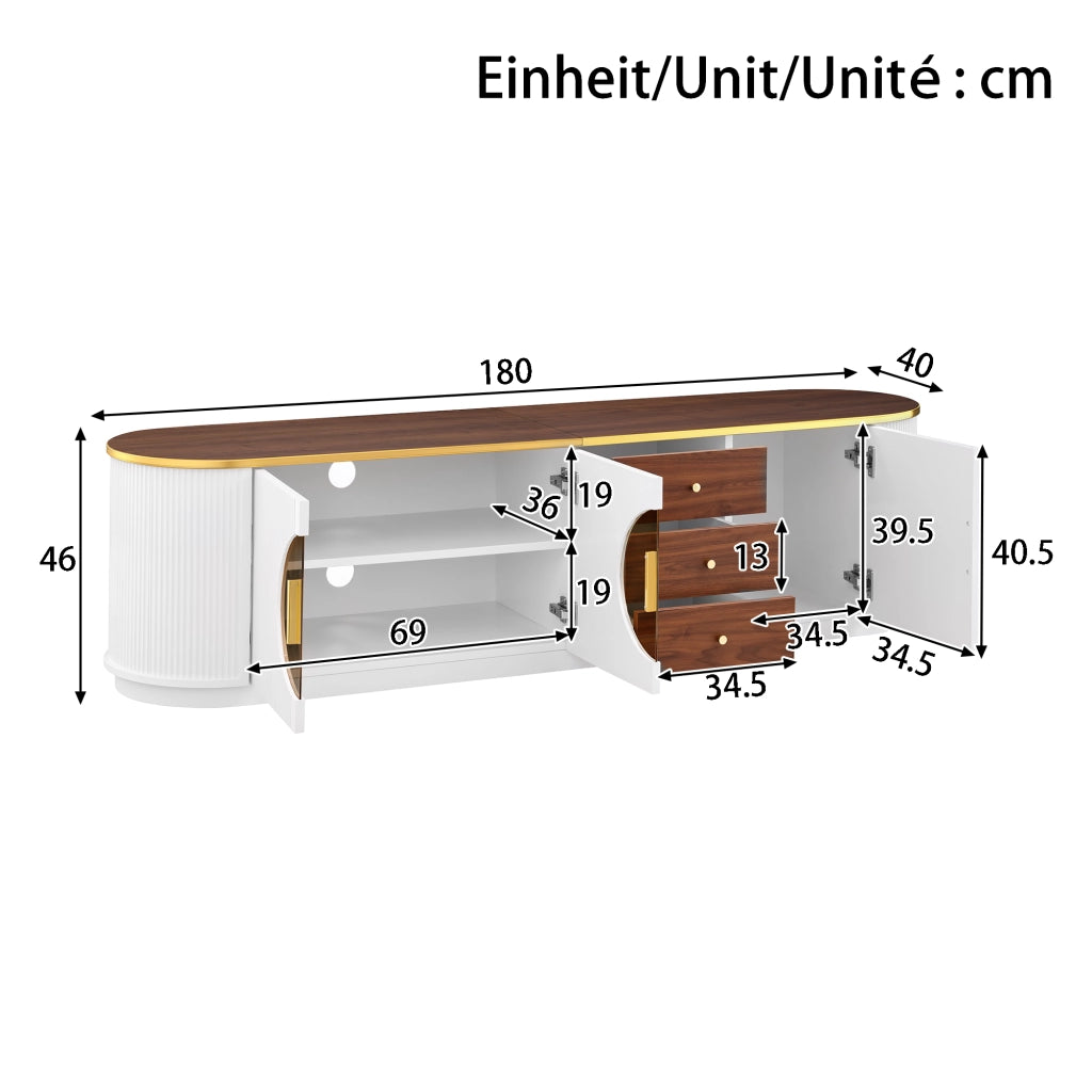 Mobile TV con 3 cassetti e 3 ante; vetro marrone; MDF bianco e gestione cavi 180 × 40 × 46 cm