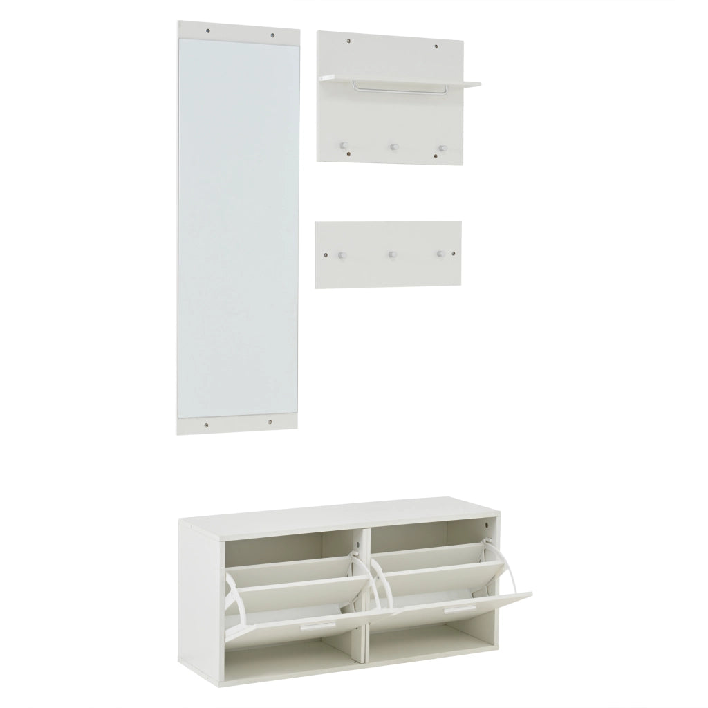 Mobile da ingresso 4 pezzi con specchio, scarpiera a 4 ripiani e 6 ganci, in truciolare, bianco, 90 × 30 × 41,5 cm