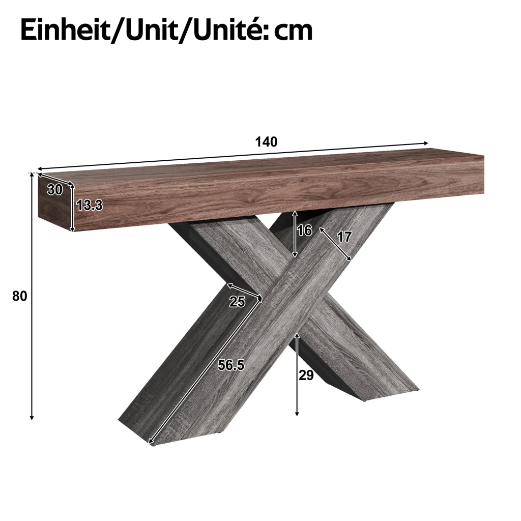 Consolle stretta con supporto a X in truciolare finitura legno noce per ingresso e soggiorno 140 × 30 × 80 cm