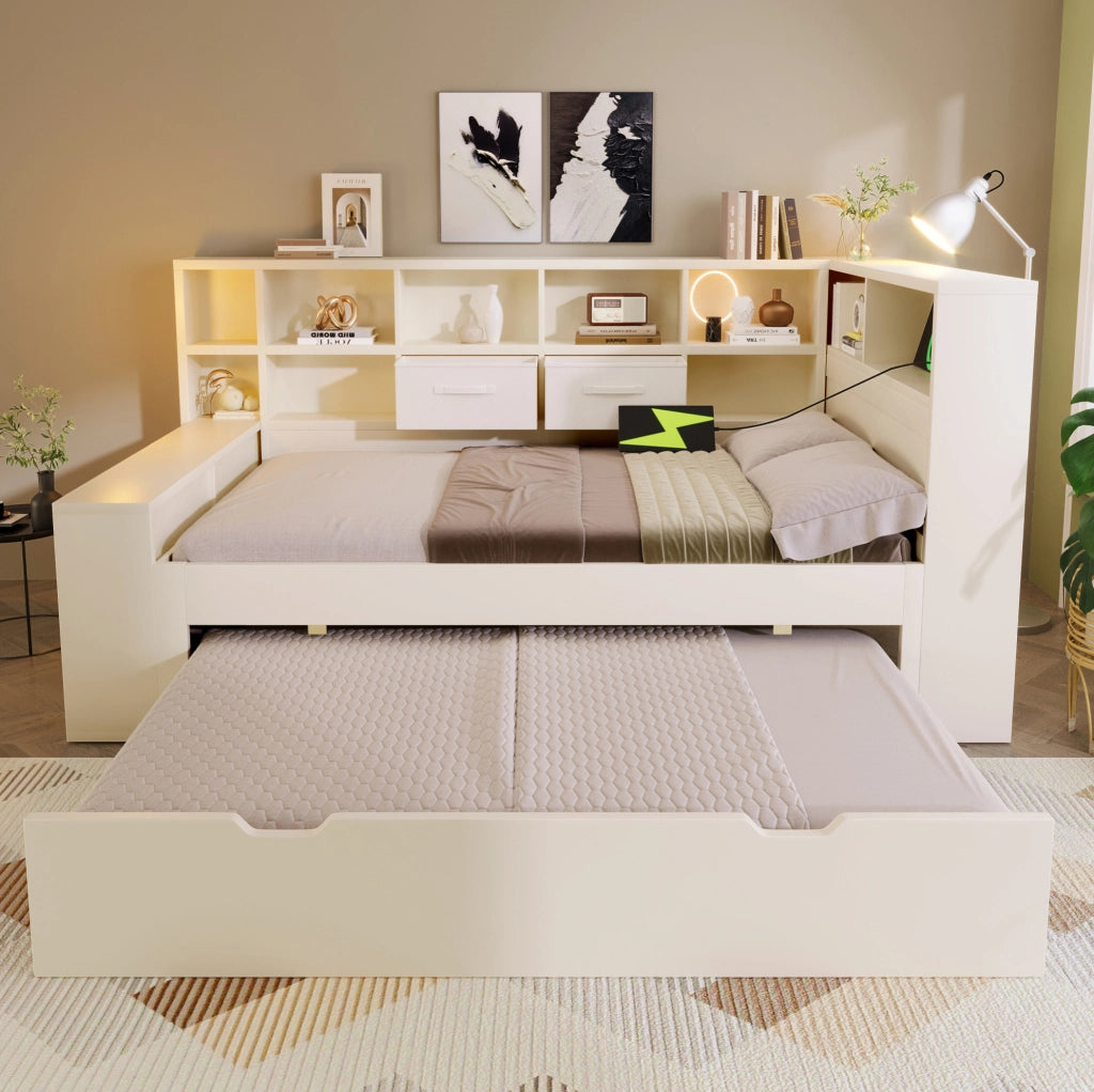 Letto singolo 90x190 cm bianco in legno con letto estraibile; ripiani su tre lati e porte USB/Type-C