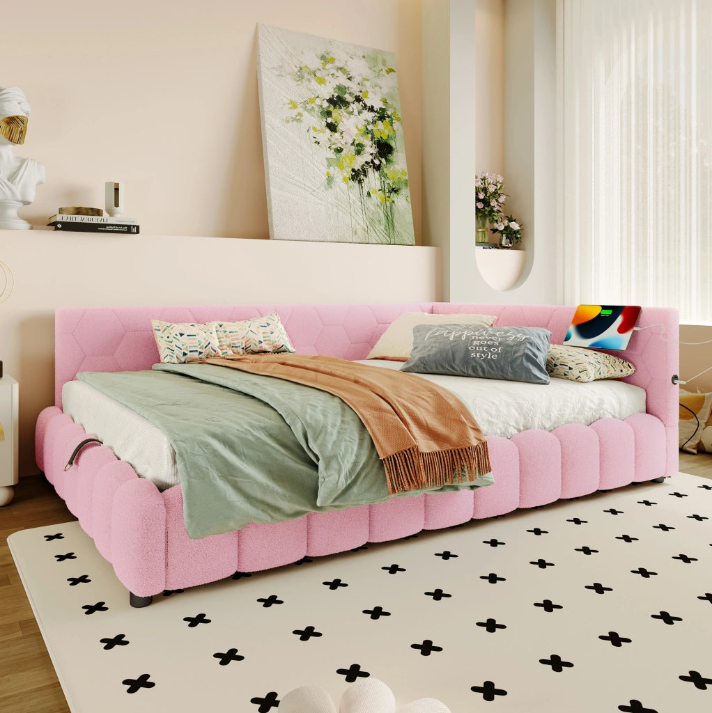 Daybed 140x200 cm rosa con contenitore idraulico, LED, USB e Type-C