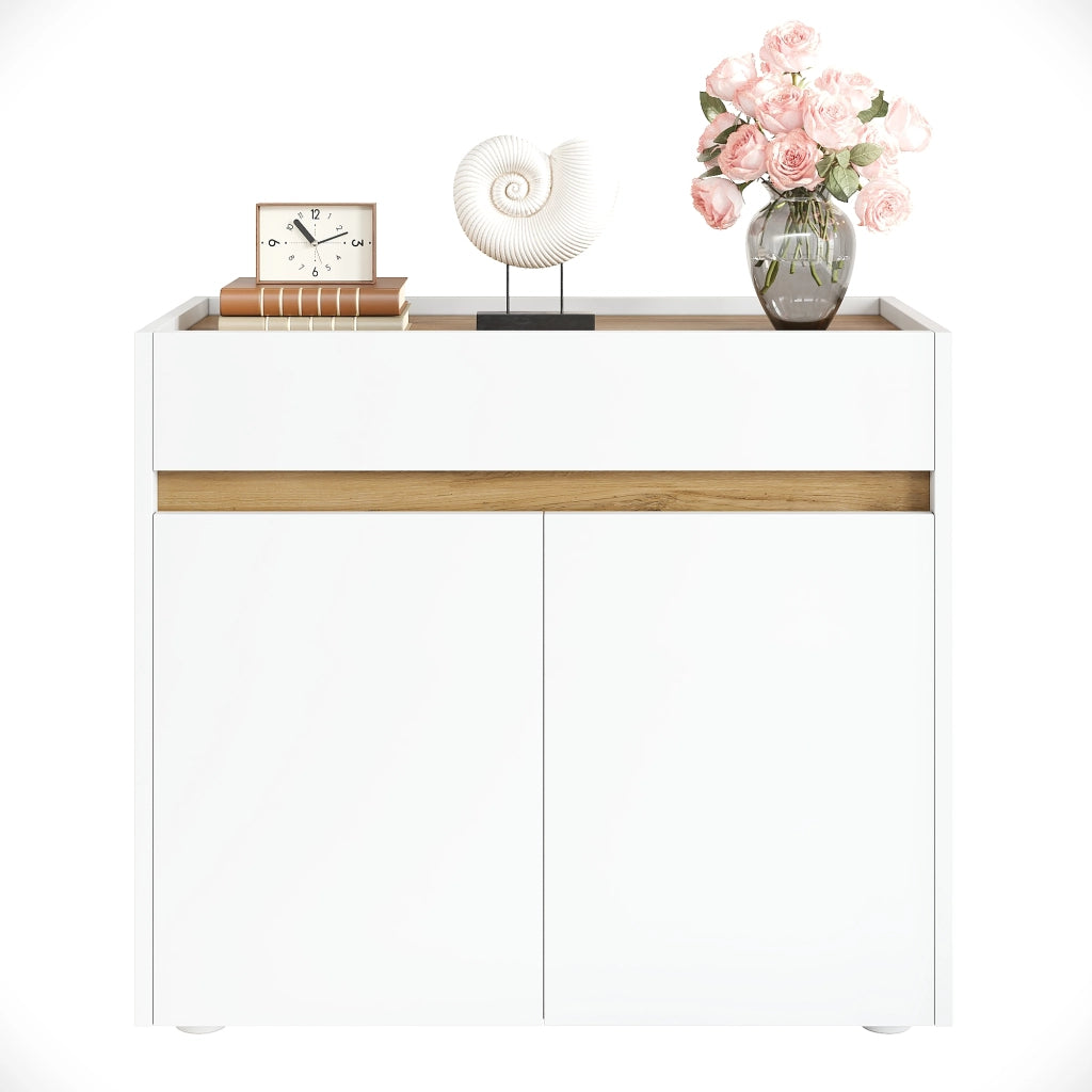 Mobile contenitore con cassetto e 2 vani, ripiani regolabili, bianco effetto legno, per ufficio, 80 × 40 × 70 cm
