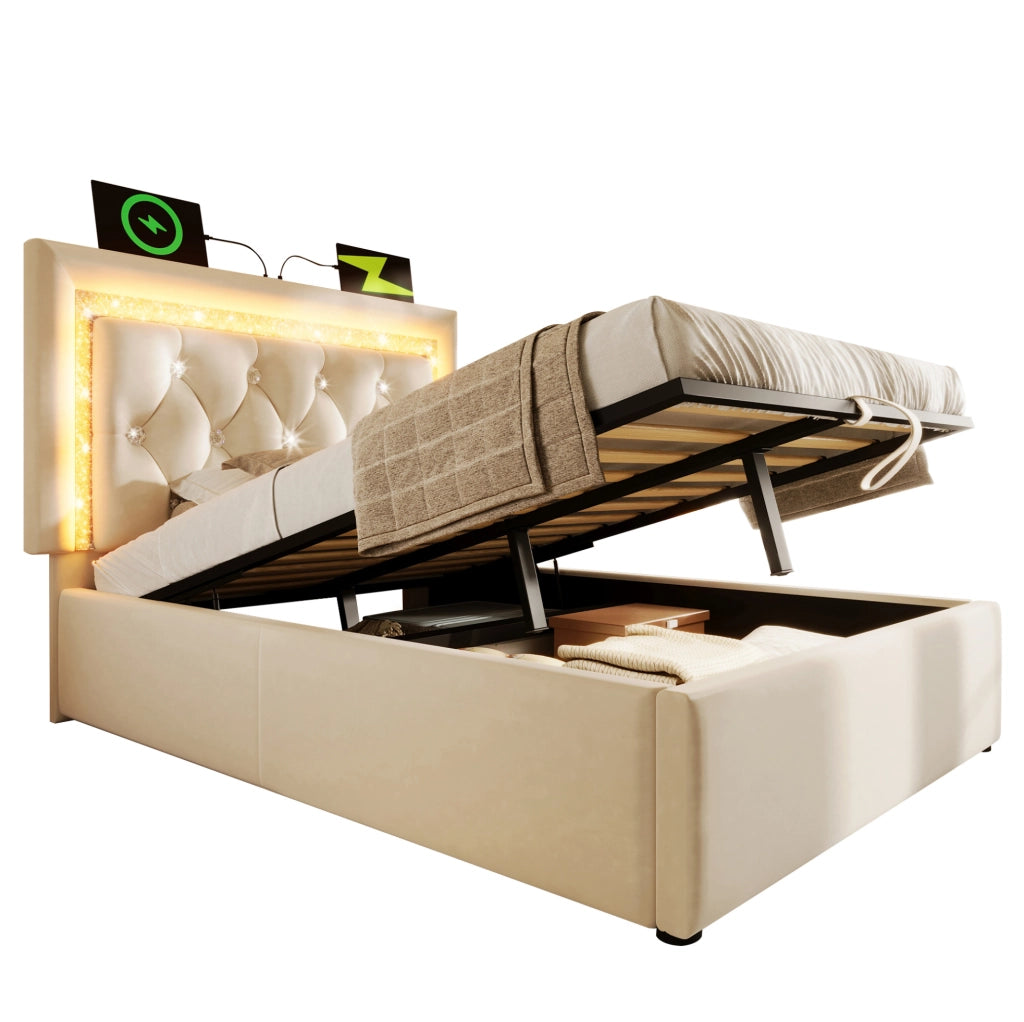 Letto 90x200 cm in velluto beige con LED, USB, Type-C e contenitore idraulico