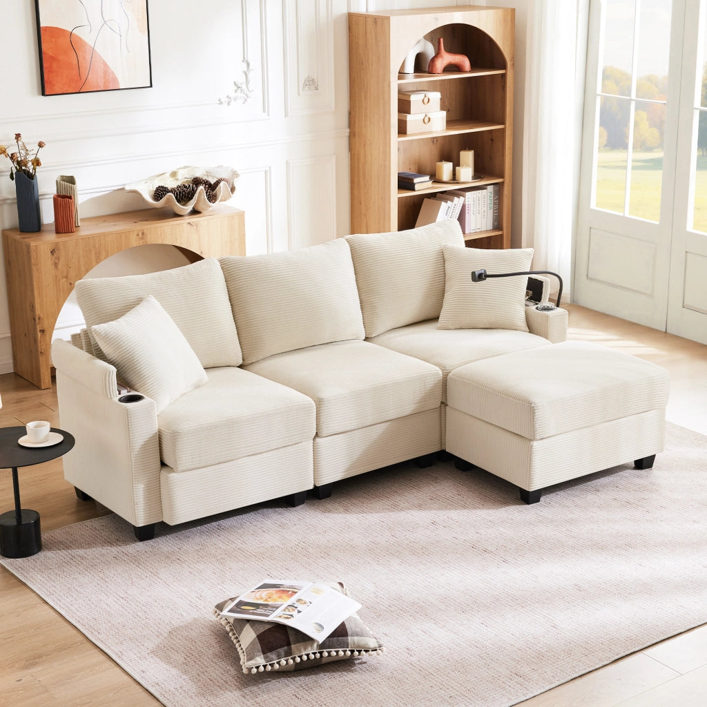 Divano angolare 3-4 posti con pouf mobile, USB e ripiani braccioli in velluto a coste beige