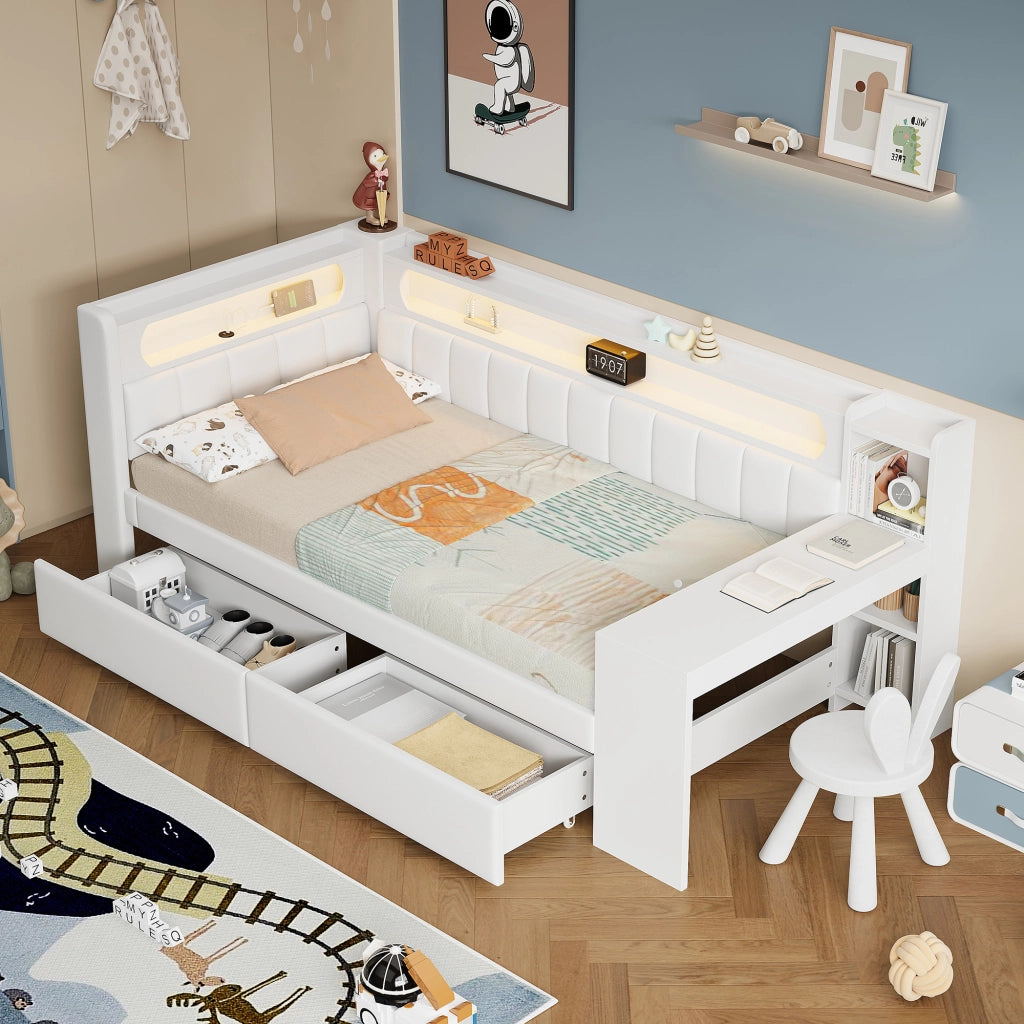 Daybed Imbottito 90x200 cm con LED; USB; Scrivania; Bianco