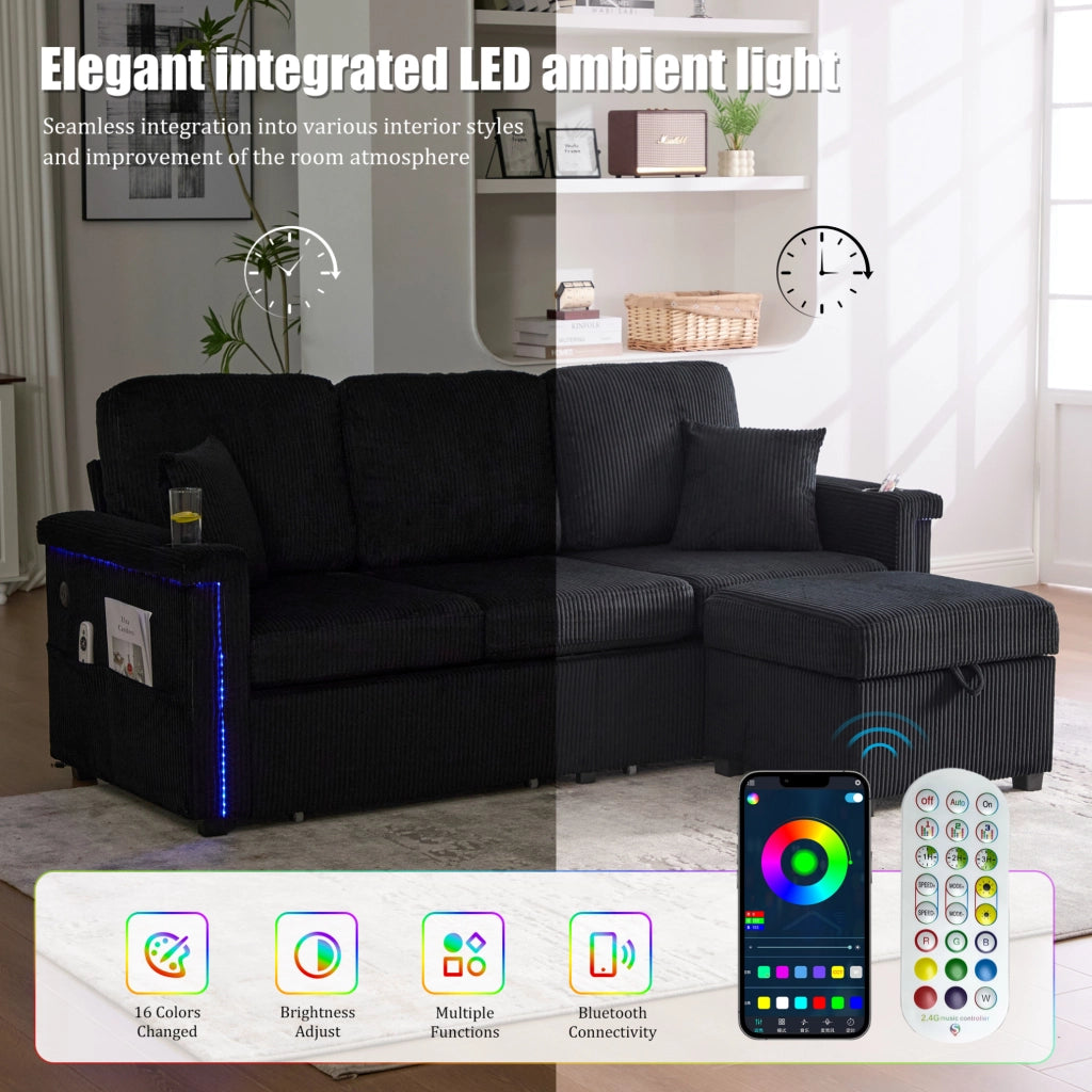 Divano modulare nero in velluto a coste con LED; USB/Type-C; cassetti e tasche laterali