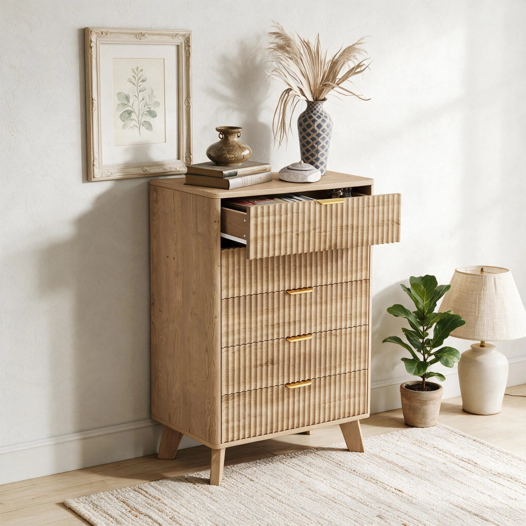 Cassettiera legno 73x40x108 cm 5 cassetti con protezione antiribaltamento mobiletto multiuso MDF metallo - rovere naturale