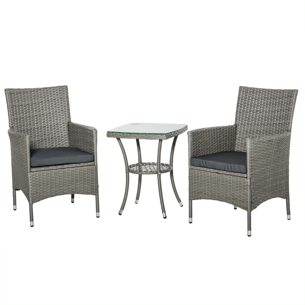 Set bistro da balcone 3 pezzi in rattan grigio con tavolino e cuscini; 60x58;5x89;5 cm