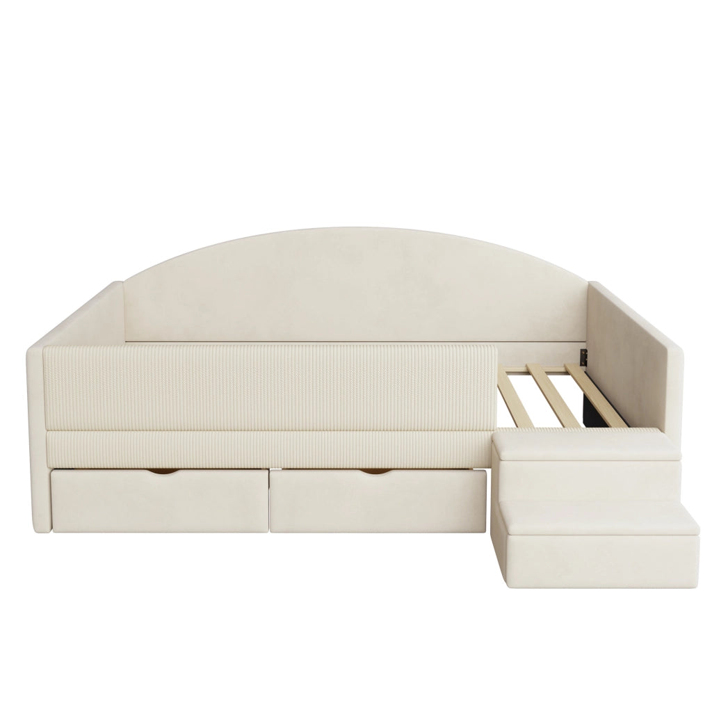 Letto per bambini imbottito 90 × 190 cm in velluto beige con due cassetti sponde gradini antiscivolo e rete a doghe