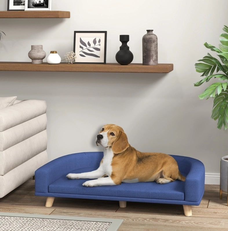 Divano letto per cani in poliestere blu con cuscino imbottito removibile e struttura rialzata