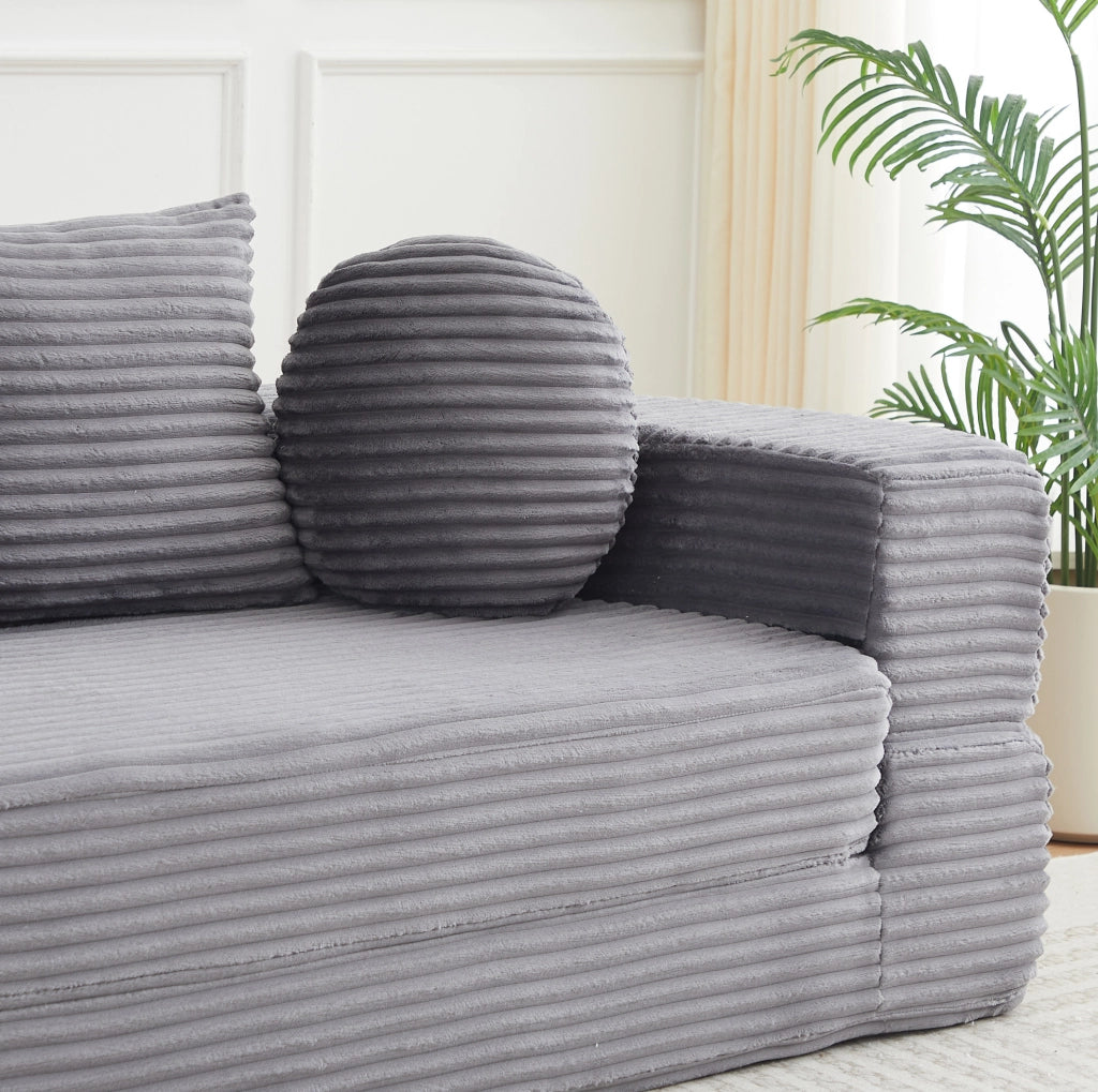 Divano letto 4-in-1 in tessuto a coste, convertibile in chaise longue rotonda, ideale per spazi compatti