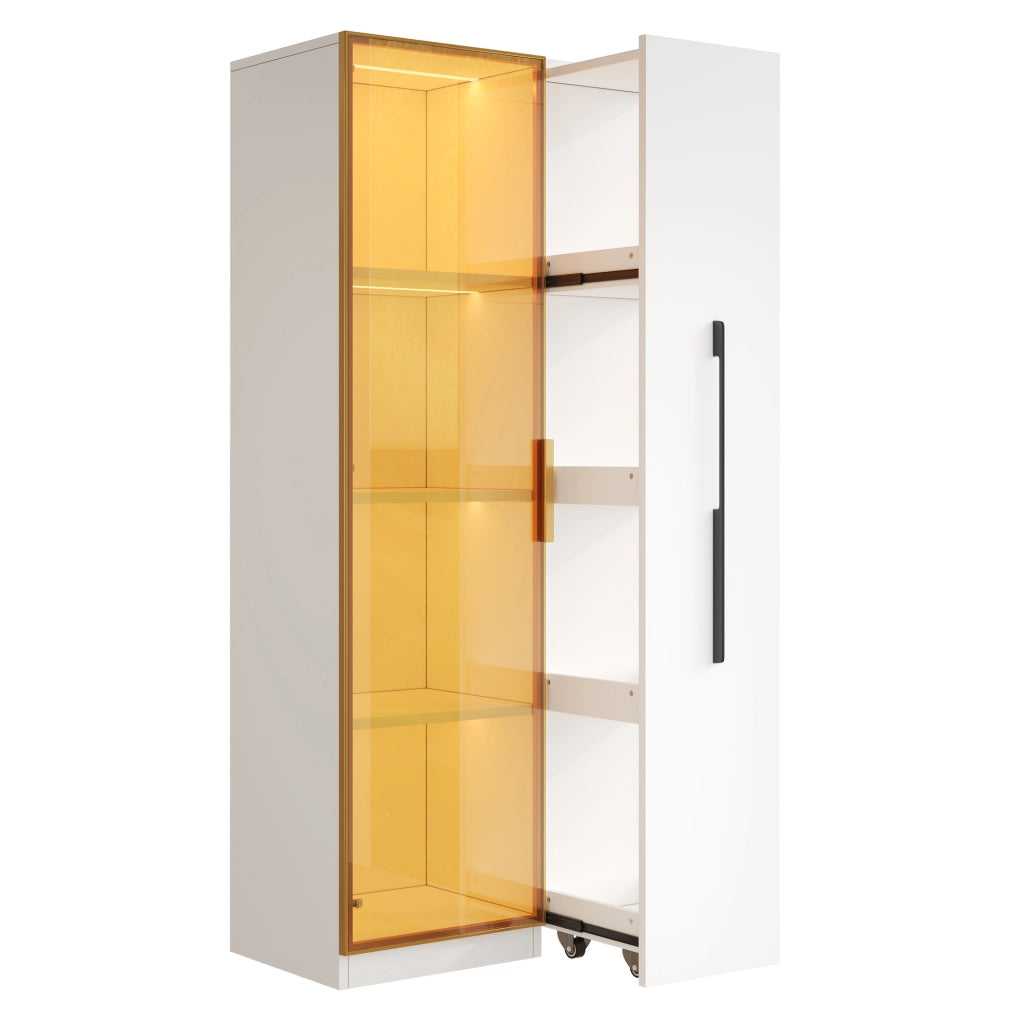 Vetrina 70x40x160 cm con LED e modulo laterale estraibile in MDF bianco
