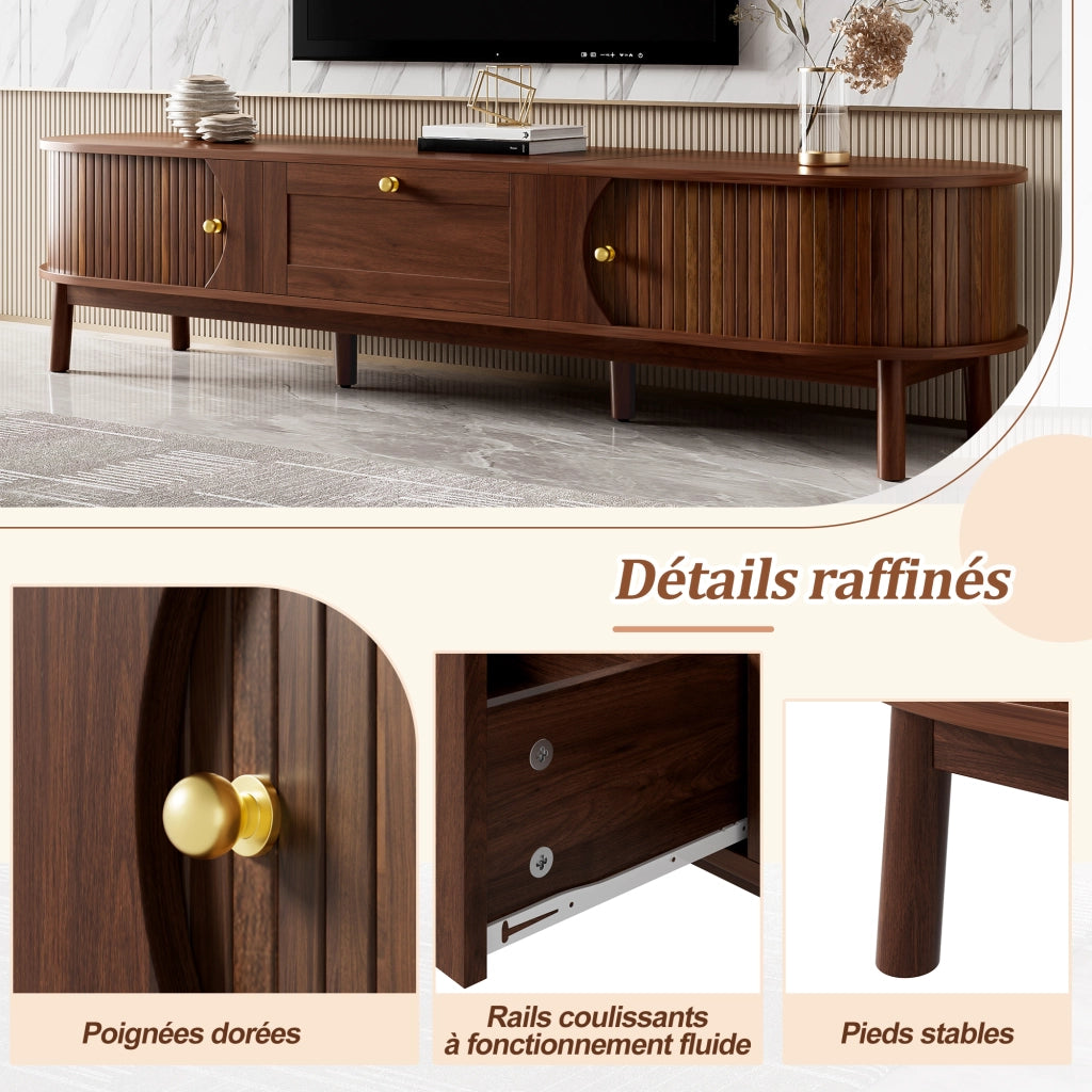 Mobile TV con cassetto e due ante scorrevoli in MDF noce; gambe in legno e maniglie dorate 170 × 39.5 × 38 cm