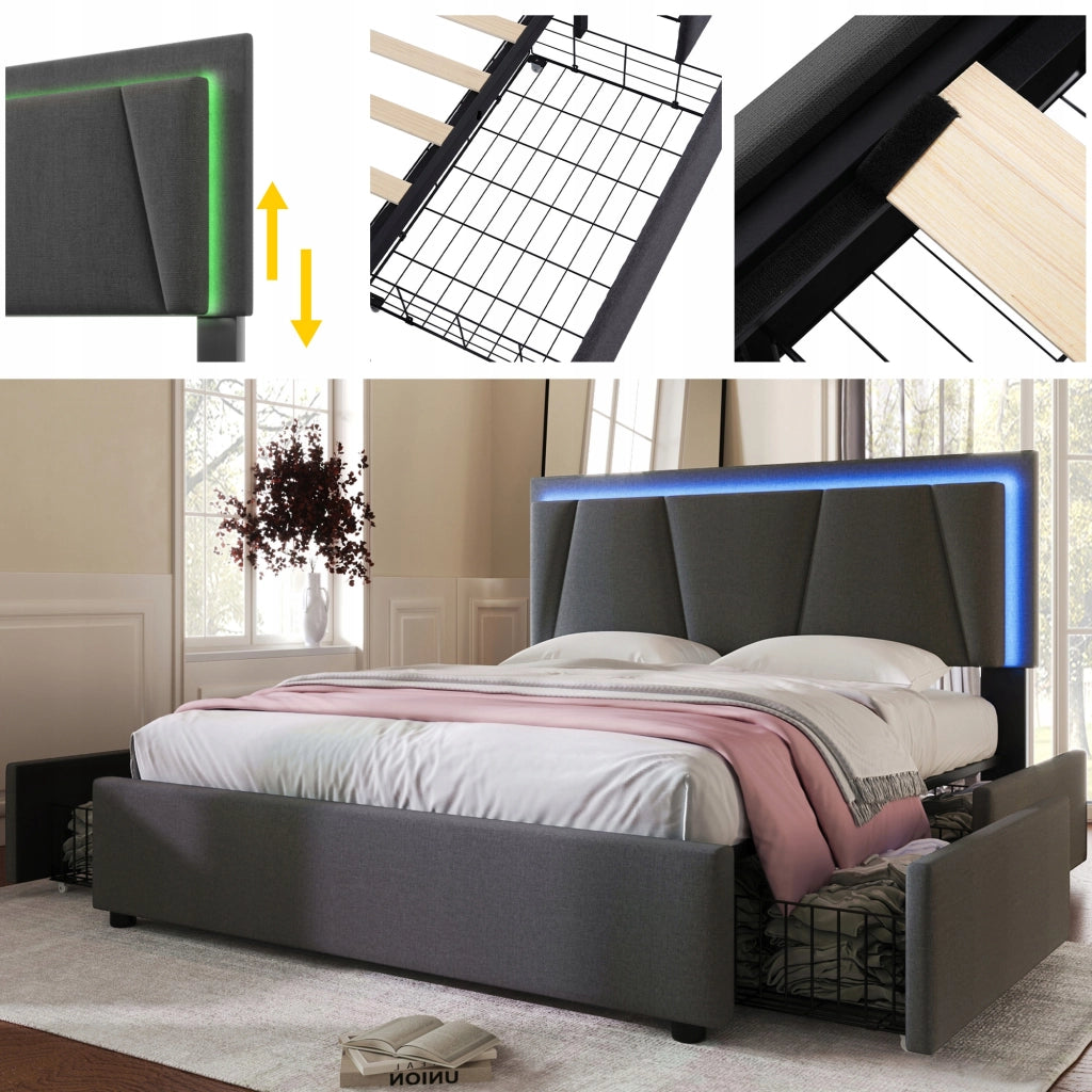 Letto singolo 140x200 - Xylo - Grigio con USB e 4 cassetti