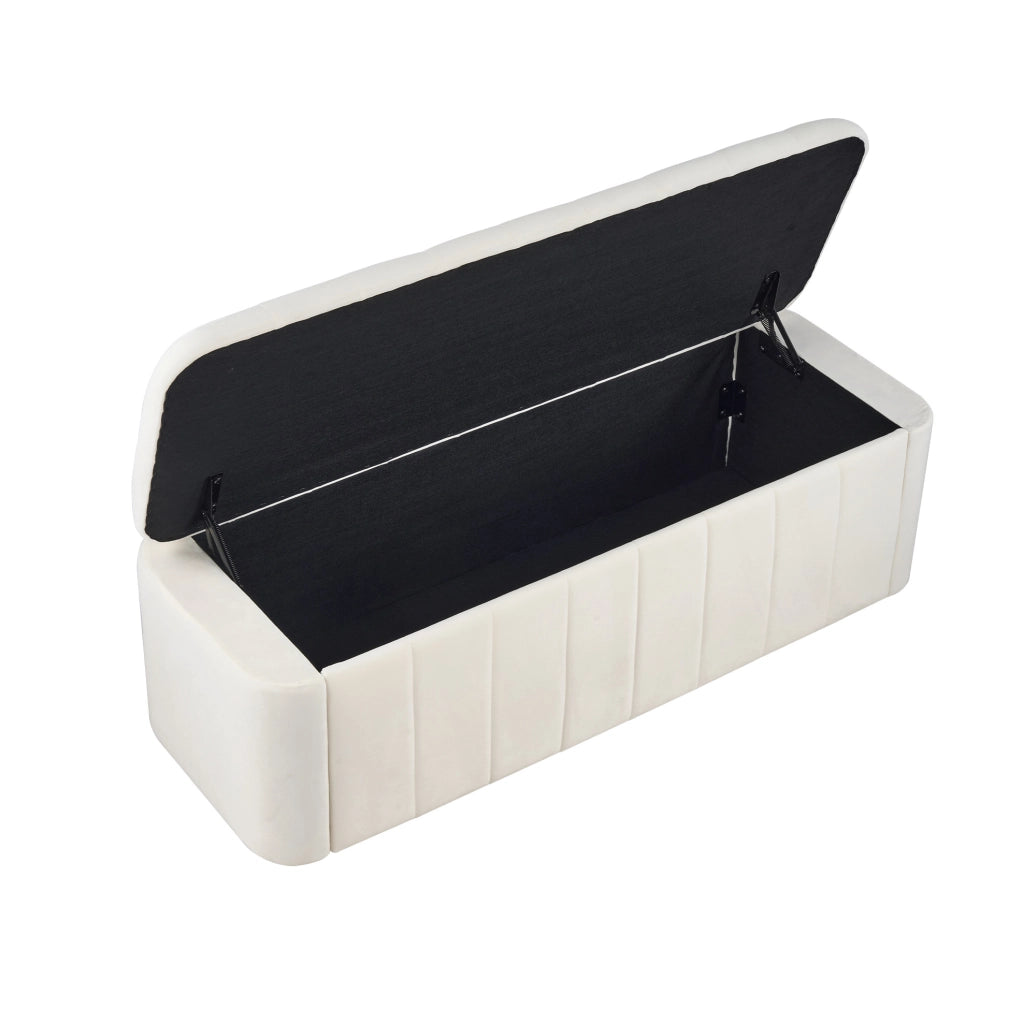Panca contenitore ULEVR in velluto beige con seduta imbottita rimovibile e trapuntatura a bottoni