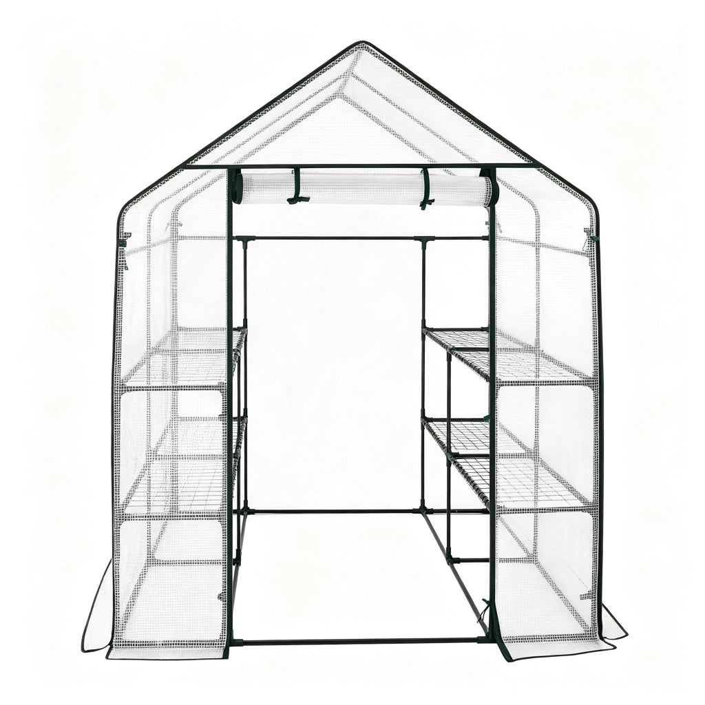 Serra da giardino con zip frontale; rivestimento in PE e struttura in acciaio bianca 143 × 143 × 195 cm