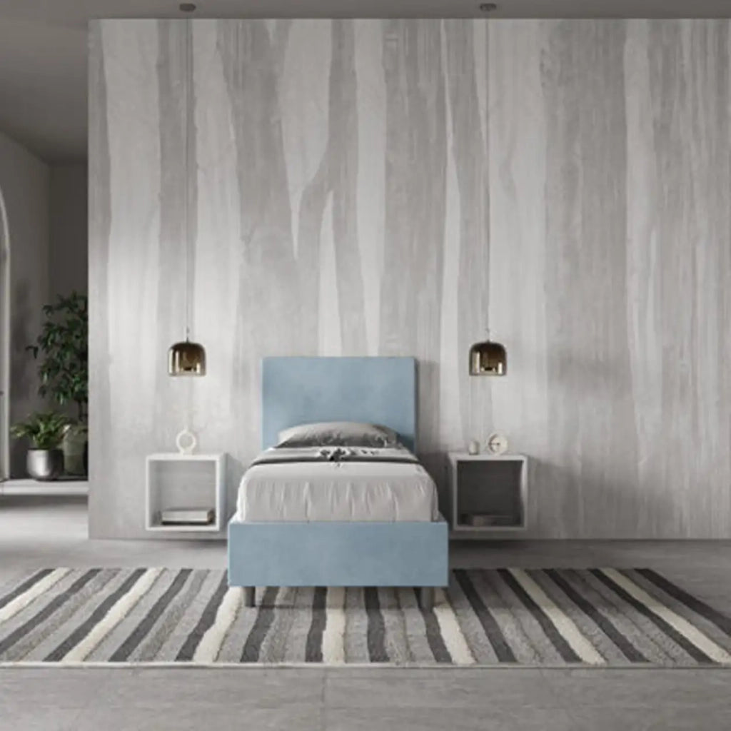 Letto singolo contenitore imbottito 80x210 microfibra azzurro Adele