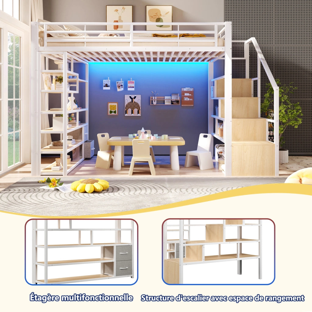 Letto a Soppalco 140x200 cm in MDF e metallo con Cassetti; LED; Ripiani; Sponde di Sicurezza Bianco
