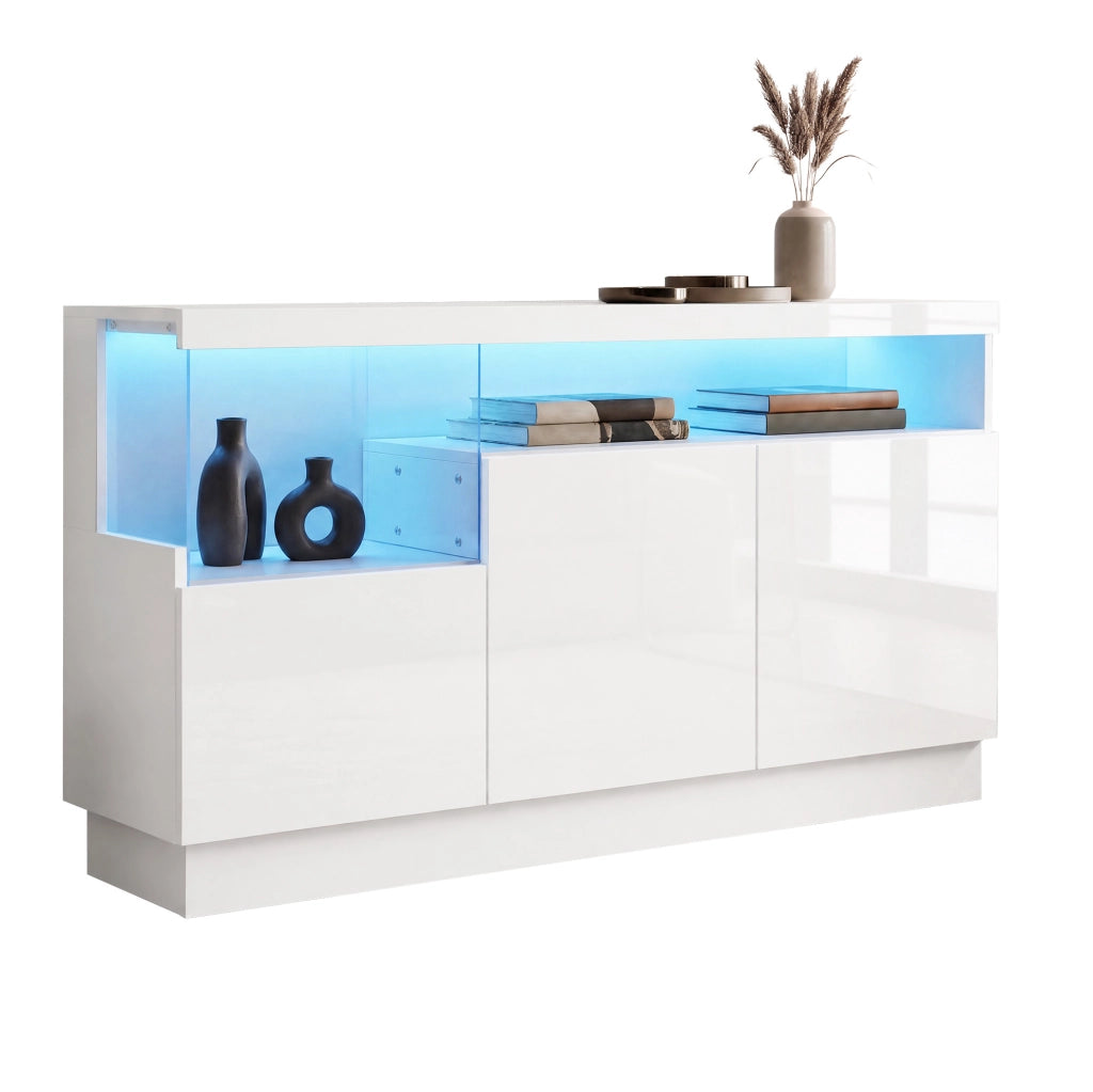 Credenza bianca 140 cm con LED controllati via app e vano acrilico