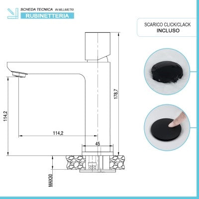 Miscelatore lavabo in ottone nero opaco con piletta click clack Lotus