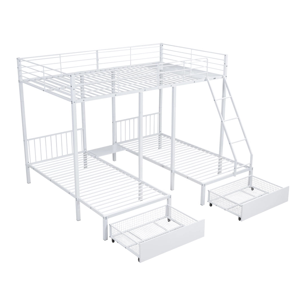 Letto a castello triplo in metallo bianco; 246 x 206 x 177;8 cm; letto matrimoniale 140 x 200 cm e due letti singoli 90 x 200 cm
