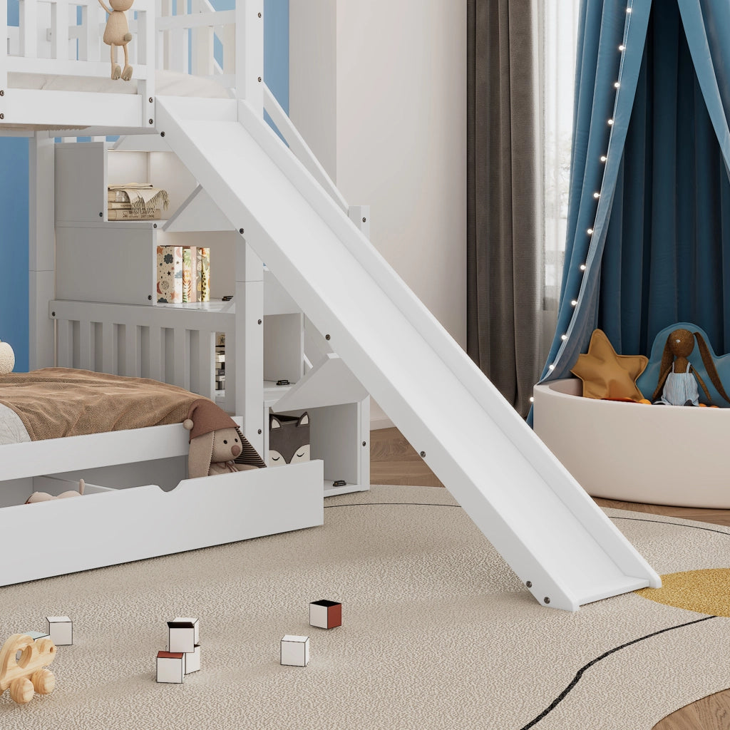 Letto a castello 2 posti 90 × 200 cm con scala contenitore, scivolo e cassetti, senza materasso, bianco