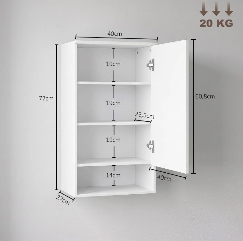 Mobile bagno da parete bianco con 1 anta e ripiani regolabili in MDF