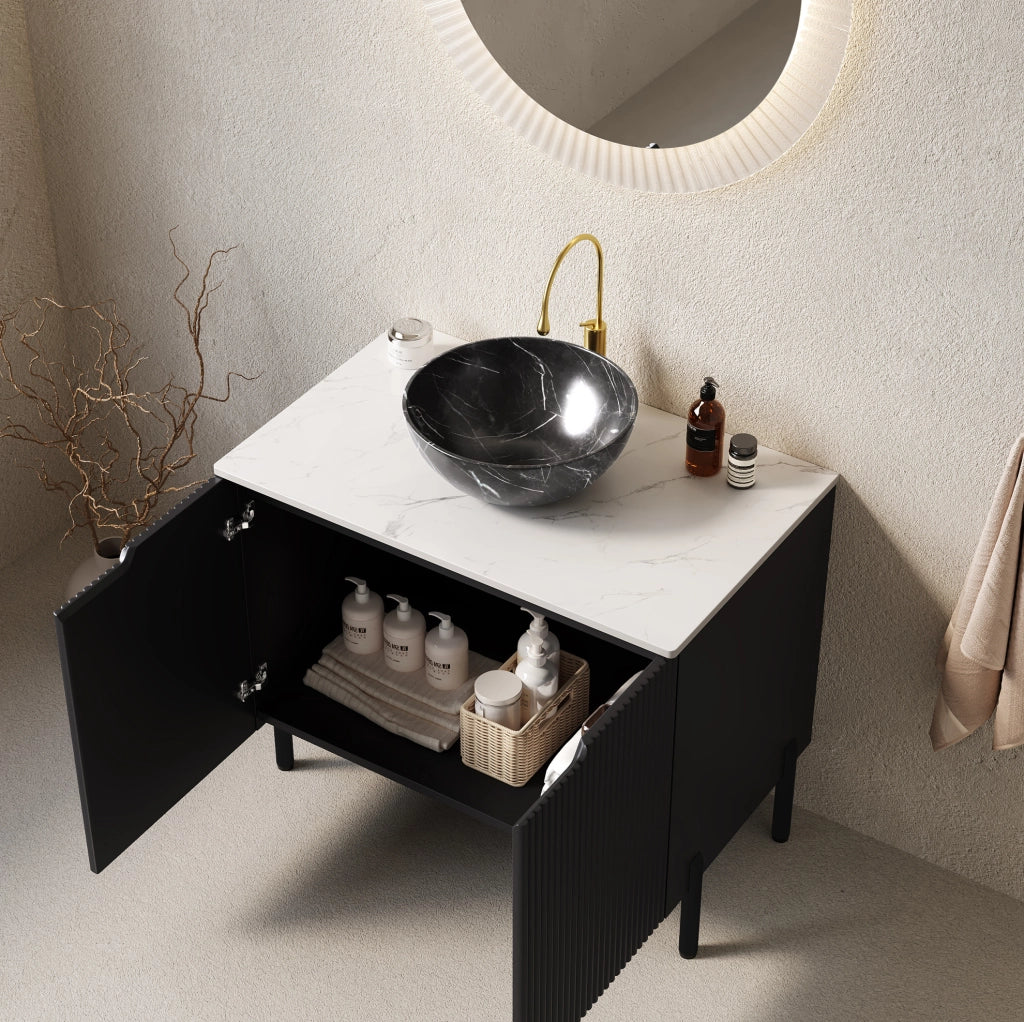 Mobile bagno freestanding 76 cm nero con lavabo in ceramica effetto pietra e top Carrara