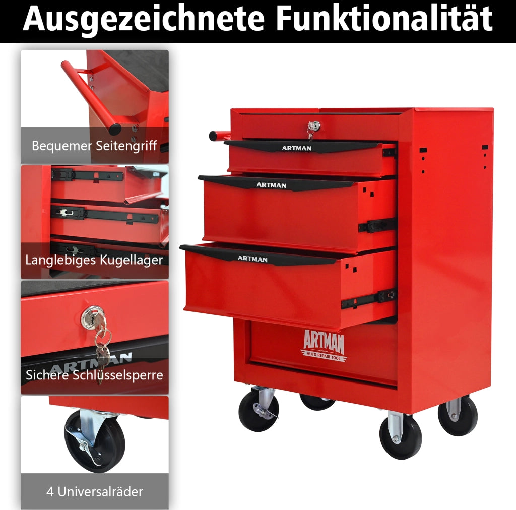 Armadio portautensili in acciaio con 4 cassetti e ruote, 60x33x77,5 cm rosso e nero
