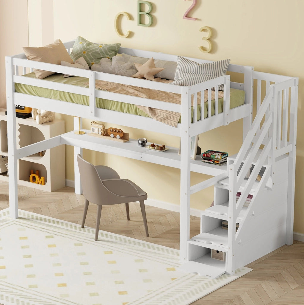 Letto a soppalco 90x200 cm in legno e MDF bianco con scrivania per bambini