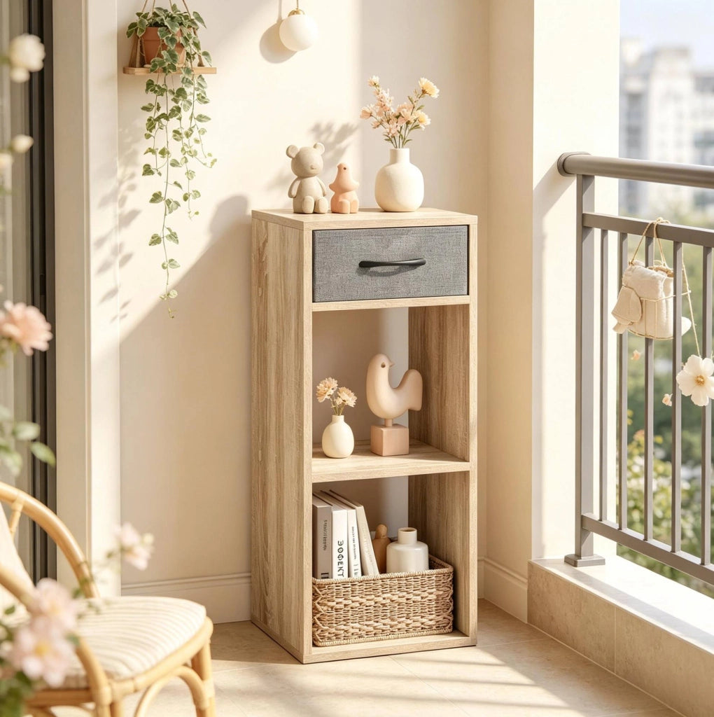 Libreria a cubi in legno ingegnerizzato con 1 cassetto in tessuto e 2 ripiani aperti, mobile verticale salvaspazio