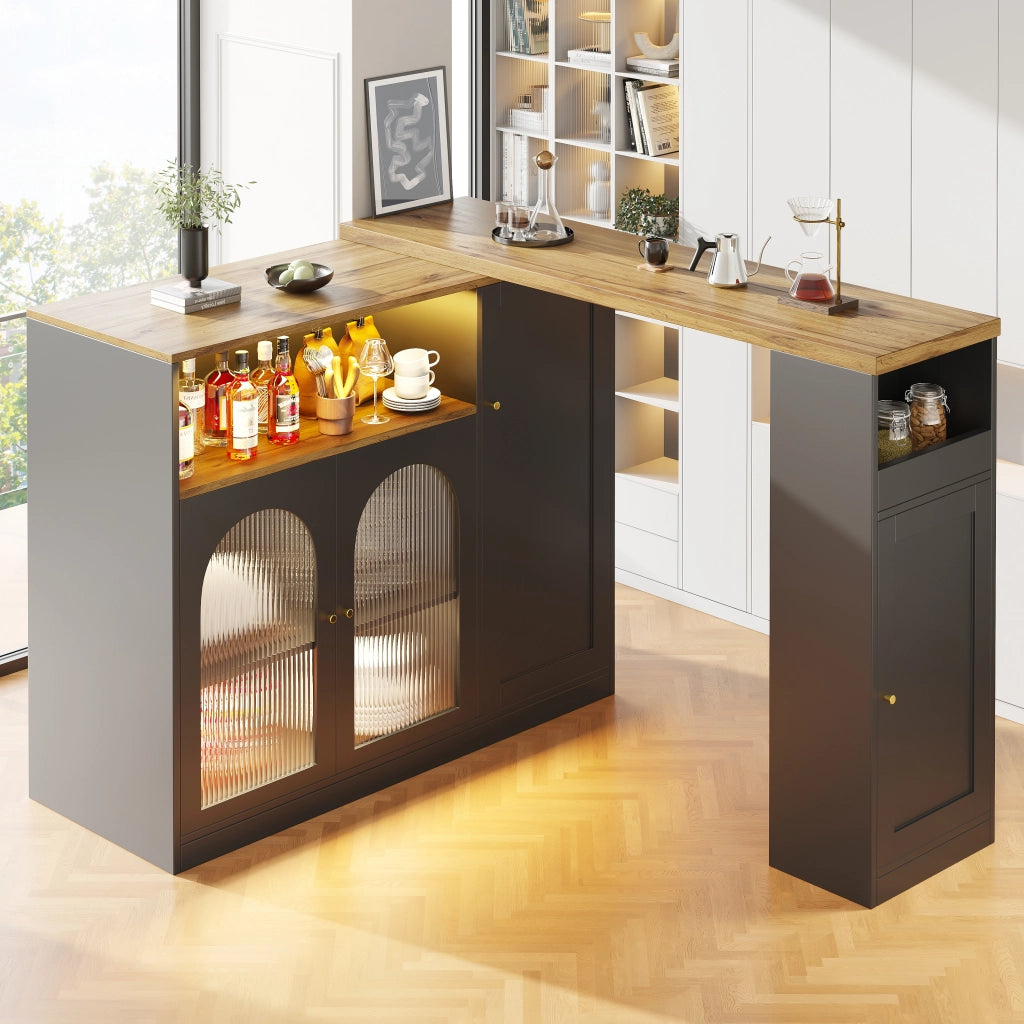 Tavolo da bar girevole 360掳 197 cm con mobile bar nero opaco; piano effetto legno; ante in vetro e LED