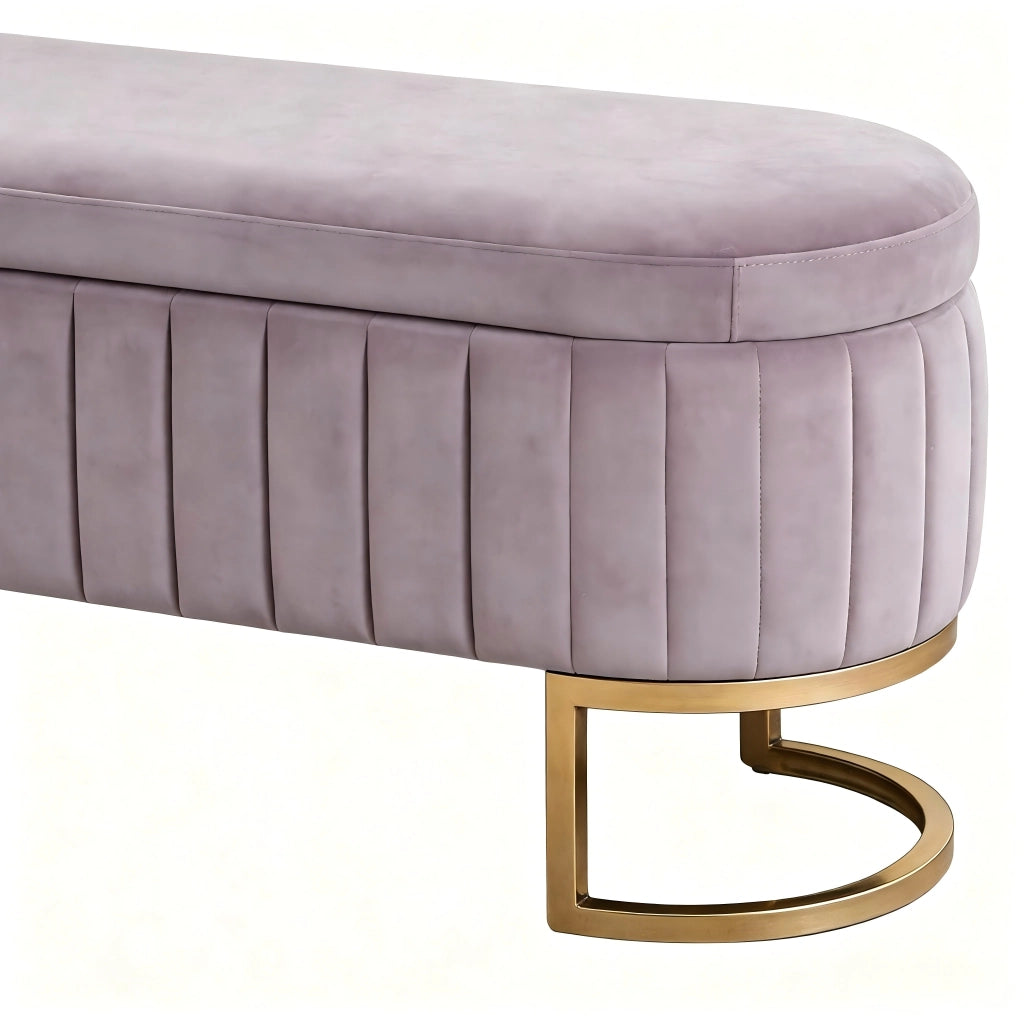 Panca contenitore da letto con vano, piedi metallici dorati, in velluto, rosa 130 cm