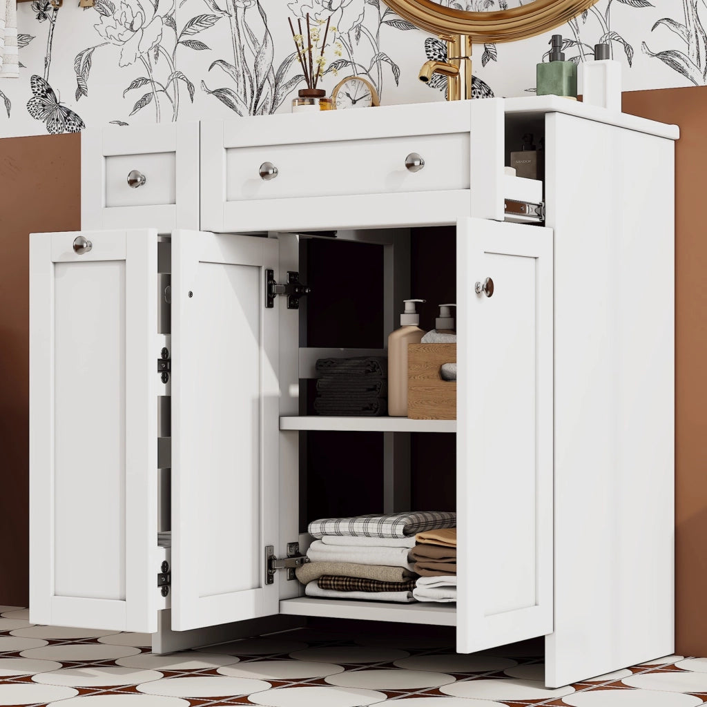 Mobiletto con lavabo a terra in MDF laccato con 3 cassetti e lavabo in ceramica bianco 76 × 47 × 86 cm