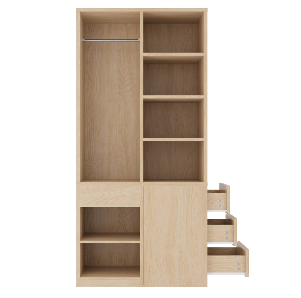 Armadio guardaroba 70x50x170 cm con cassetti e ripiani aperti in compensato e MDF color legno