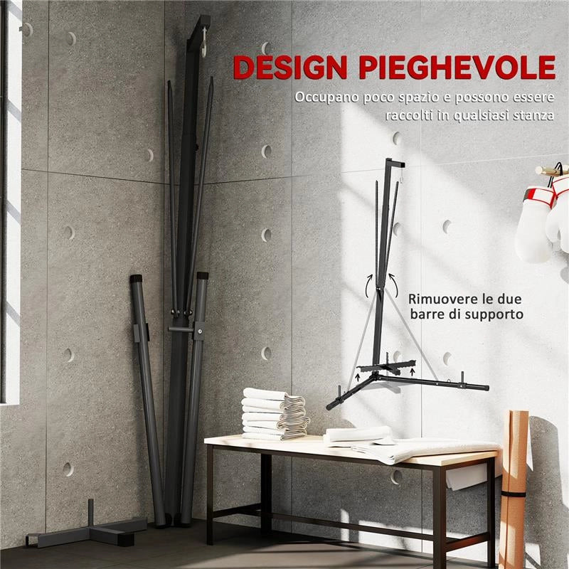 SUPPORTO SACCO DA BOXE REGOLABILE IN ALTEZZA E AUTOPORTANTE CON BASE TRIANGOLARE, 170X90X182-225 CM, NERO
