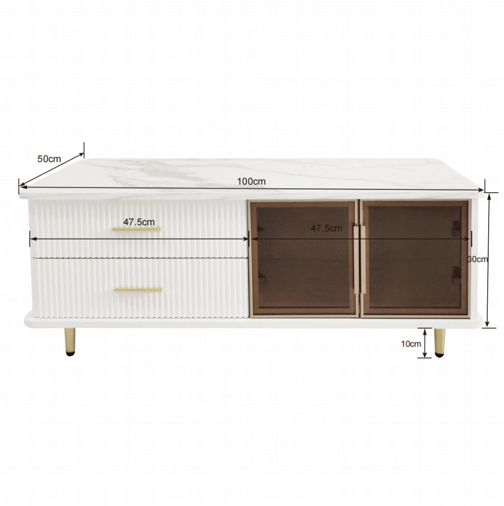 Tavolino da salotto con LED 100x50x40 cm; 2 cassetti e 2 ante in truciolare bianco e vetro temperato