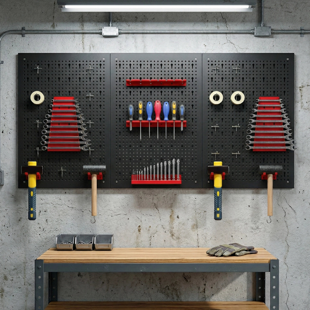 Pannello Forato da Parete Porta Attrezzi 60 x 40 cm con 28 Pezzi Contenitori e Ganci, Organizer per Officina e Garage, Nero e Rosso