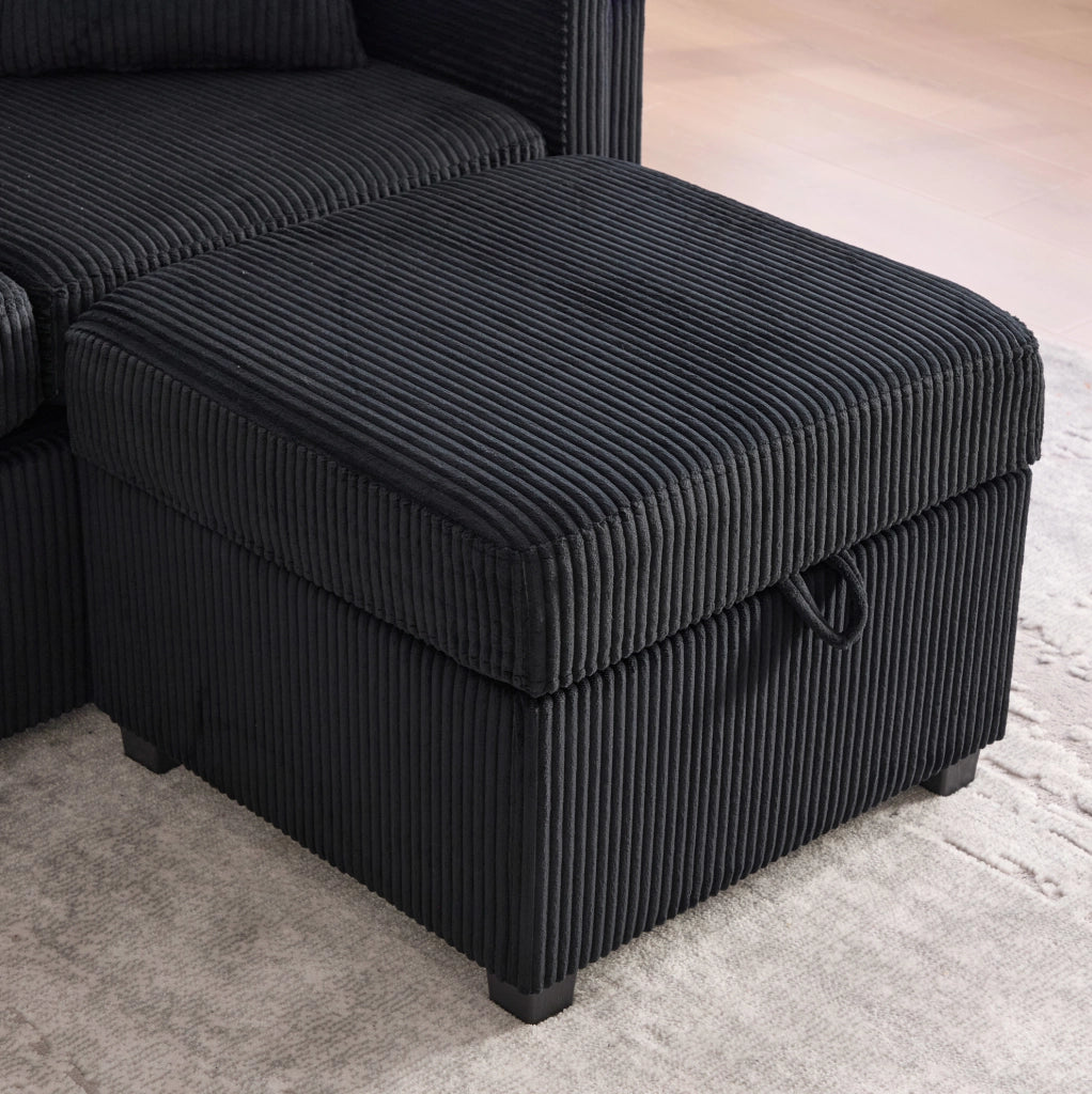 Divano modulare nero in velluto a coste con LED; USB/Type-C; cassetti e tasche laterali
