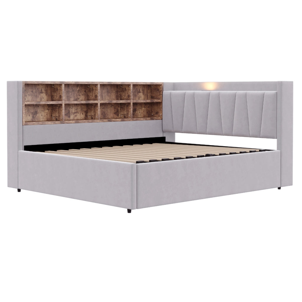 Letto imbottito 140x200 cm con vano idraulico, USB e USB-C in velluto grigio chiaro