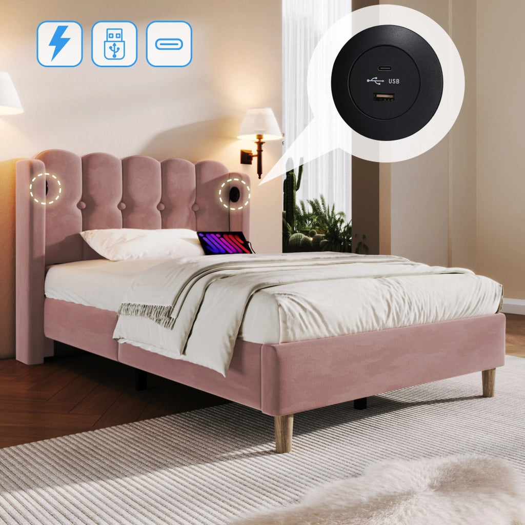 Letto Singolo Imbottito 90x200 cm con USB; USB-C; Rose