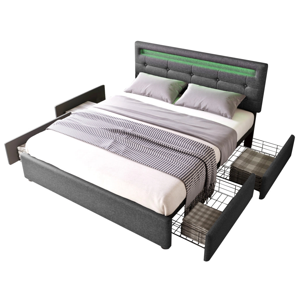 Letto matrimoniale imbottito 140 × 200 cm in lino grigio con LED testiera regolabile e quattro cassetti