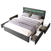 Letto matrimoniale imbottito 140 × 200 cm in lino grigio con LED testiera regolabile e quattro cassetti