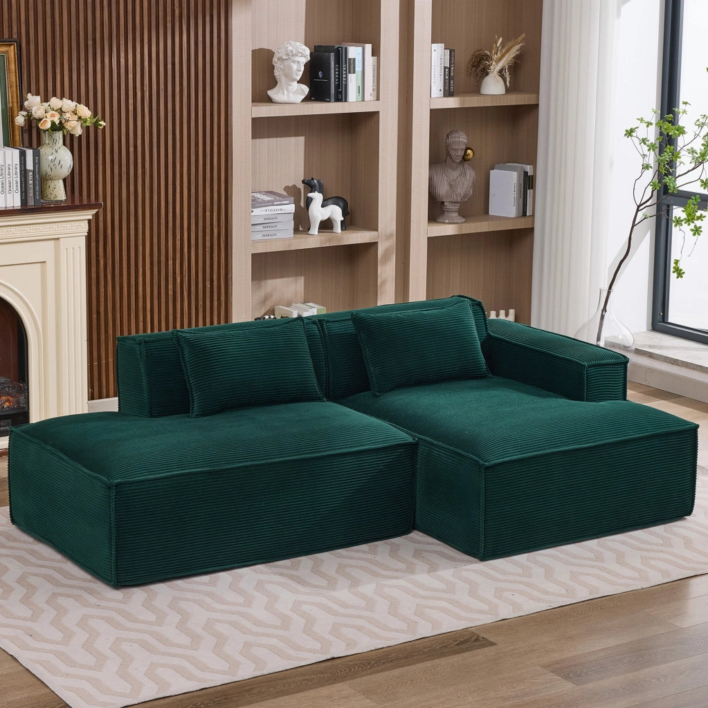 Divano ULEVR 235x129x70 cm imbottito in poliestere verde retr¨° con 2 cuscini